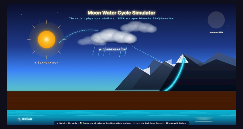 Simulation cycle eau Three.js (article R&D) — visuel additionnel